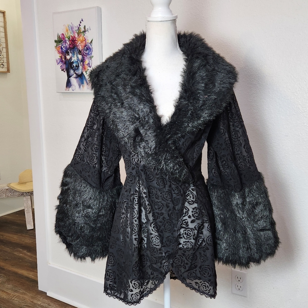 Rubies Black Floral Print Burnout Faux Fur Wrap Jacket Size OS